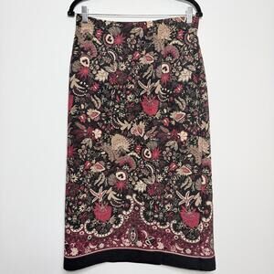 Briggs Petite Boho Floral Midi Pencil Skirt 10P Black Red Lined Back Zip